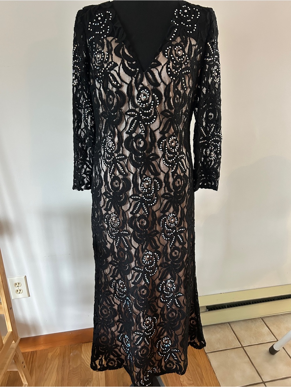 Black Long-Sleeve Lace Evening Gown with Beaded Detail